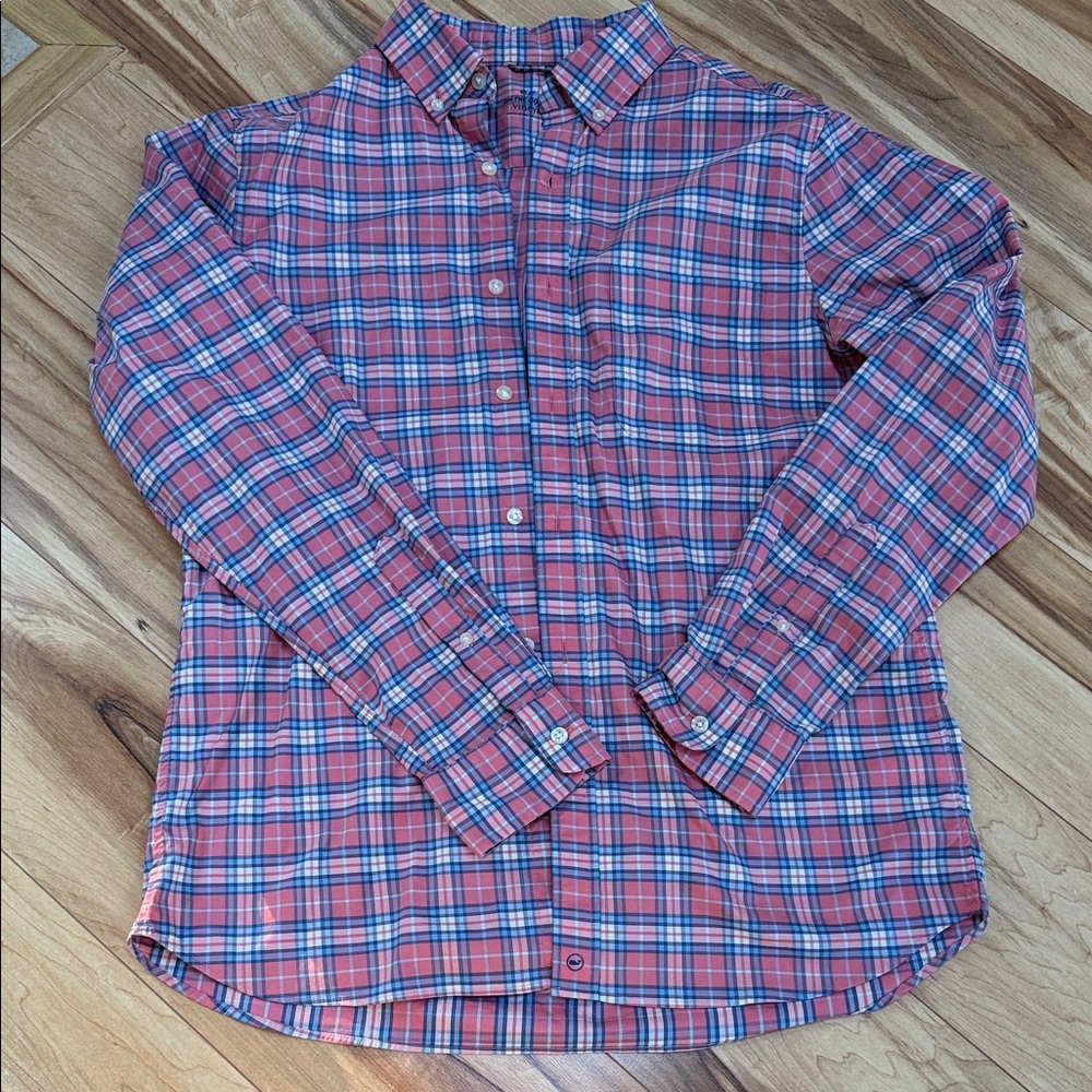 Vineyard Vines Men's Blue and pink Plaid Shirt